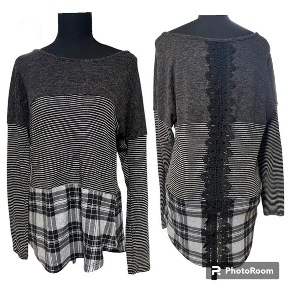 Truself long sleeve Multi Media Oversized Tunic stripes, plaid and lace sz L - Picture 2 of 8